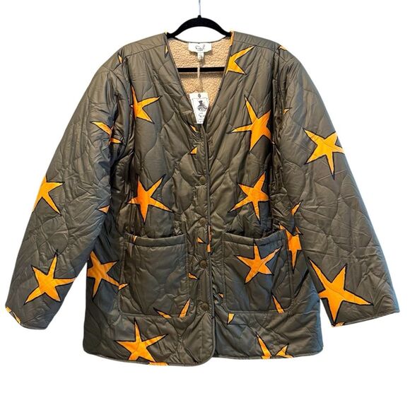 Easel Scribbly Stars Reversible Jacket Quilted Fleece Pockets Green Size Large - Picture 2 of 12